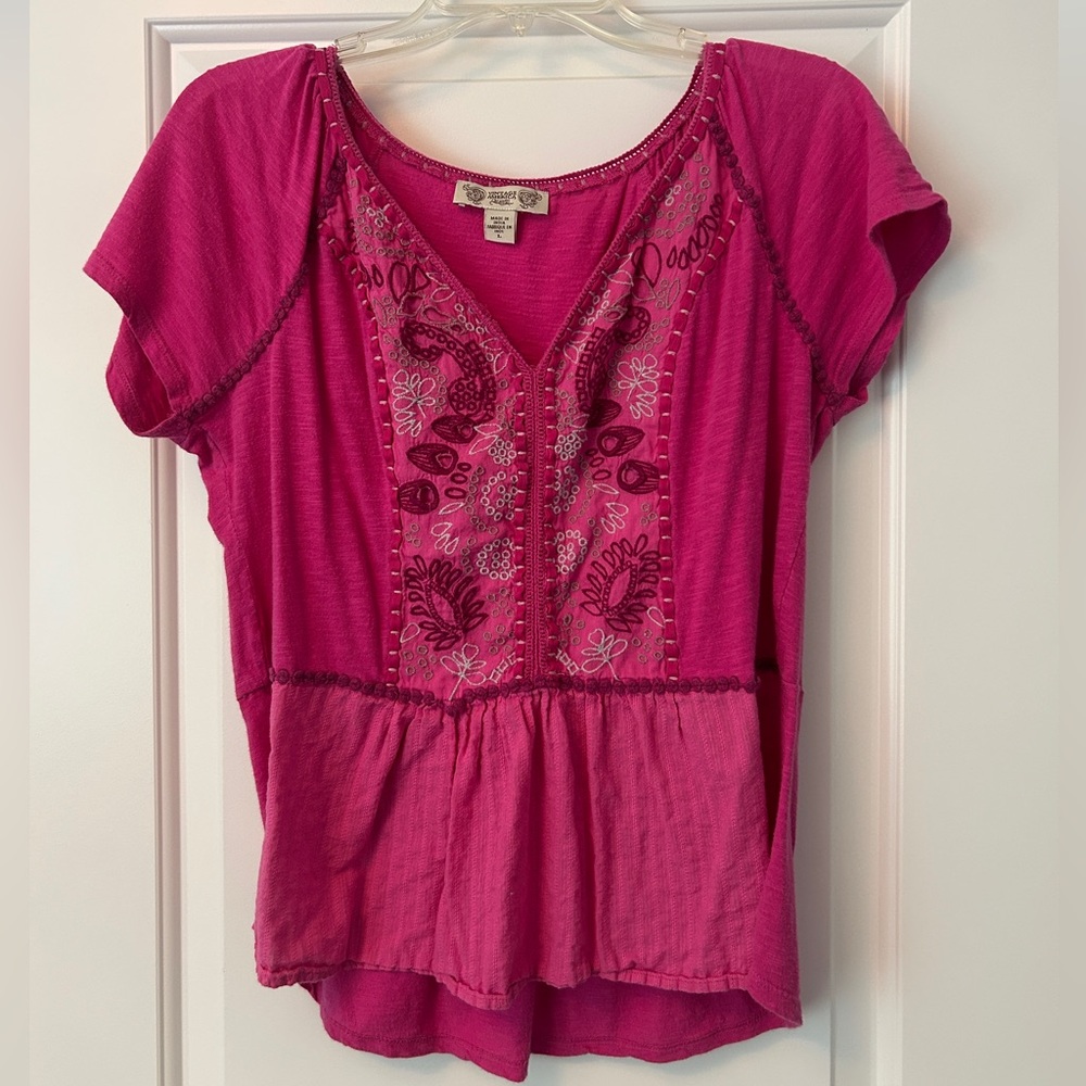 Vintage America Bright Pink Embroidered V-Neck Blouse
